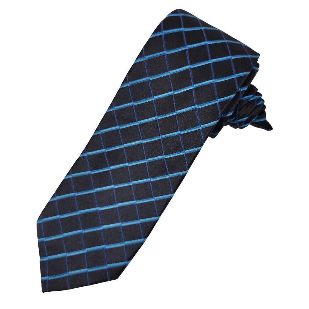 Geoffrey Beene Silk Striped Necktie Men's Check Black Blue Shimmer Wedding‎ DJ